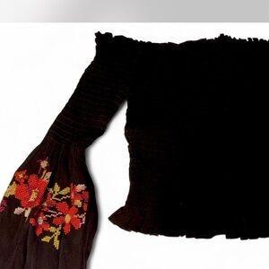 Charlotte Russe Black Crop Top with Floral Embroidery